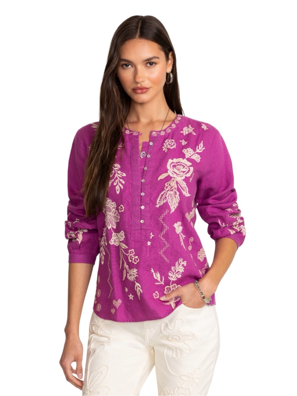 Johnny Was Field Henley Linen Embroidered Blouse XL NWT MSRP $225